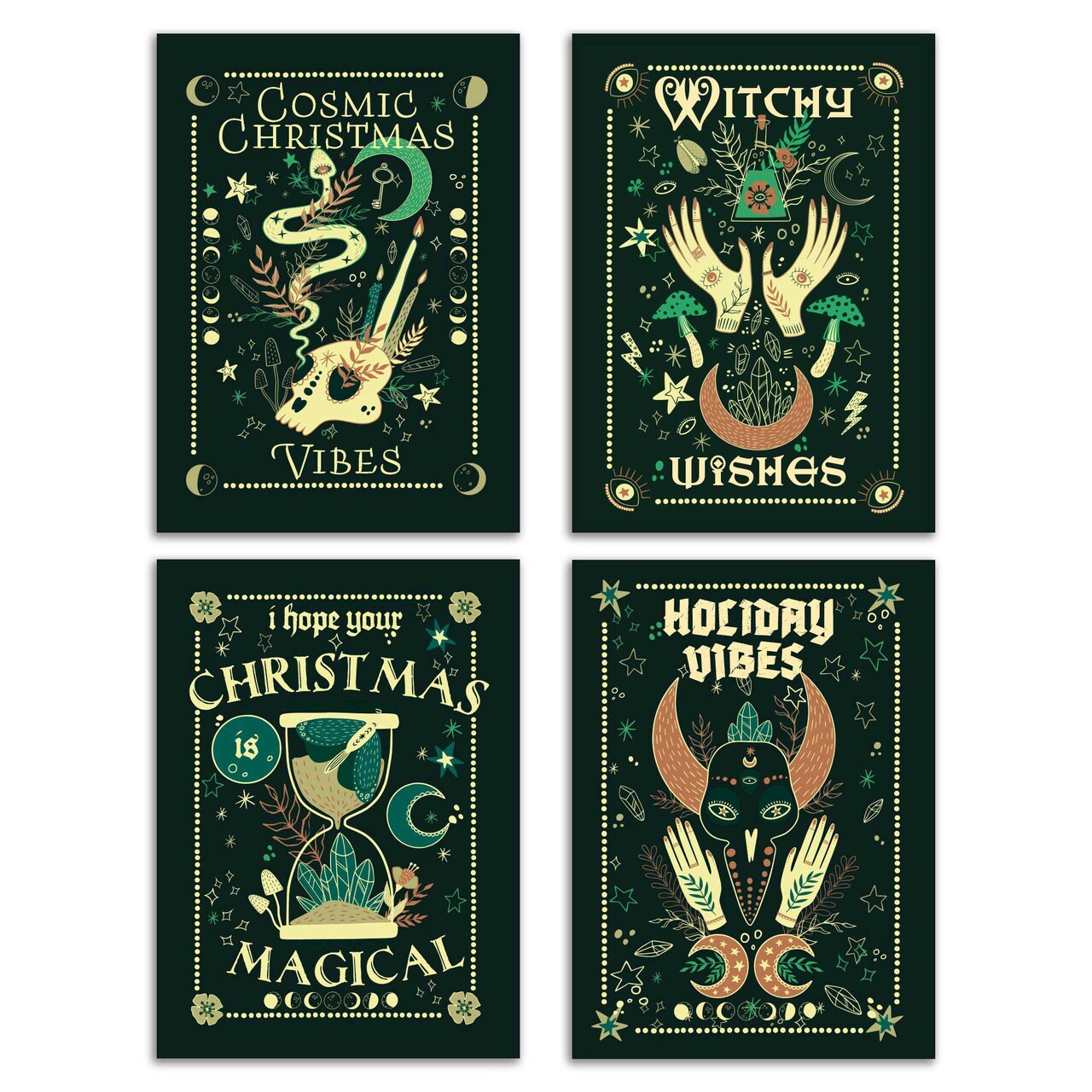 Witchy Christmas Cards - 24-Pack Holiday Greeting Cards with 4 Mystical and Cosmic Designs, Perfect for Sharing Magical Holiday Wishes, Blank Inside for Personalized Messages - Enchanting and Unique Stationery Set